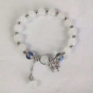 Butterfly & White/Iridescent Glass Bead Charm Bracelet- Boutique